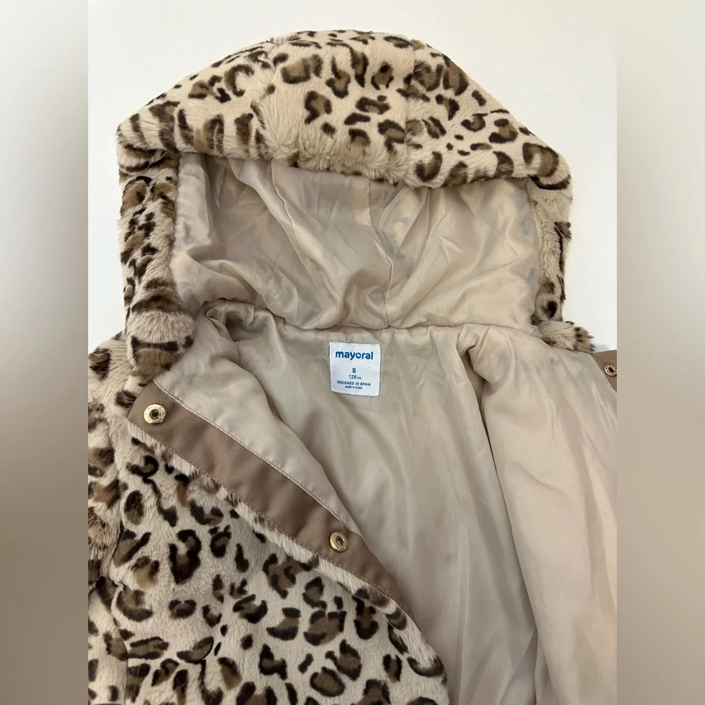 Mayoral Girls size 8 Leopard Print Faux Fur Hooded Jacket - Picture 3 of 4